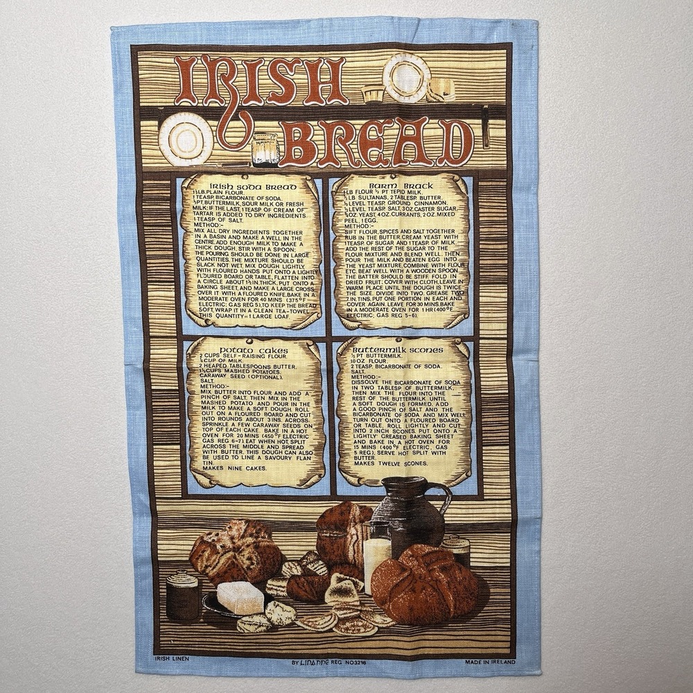 VTG Irish Bread Recipes Pure Irish Linen Tea Towel Linanne Ireland Soda Scones